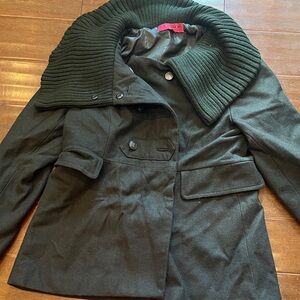 CoffeeShop Dark Green Women's Pea Coat with Ribbed Shawl Collar